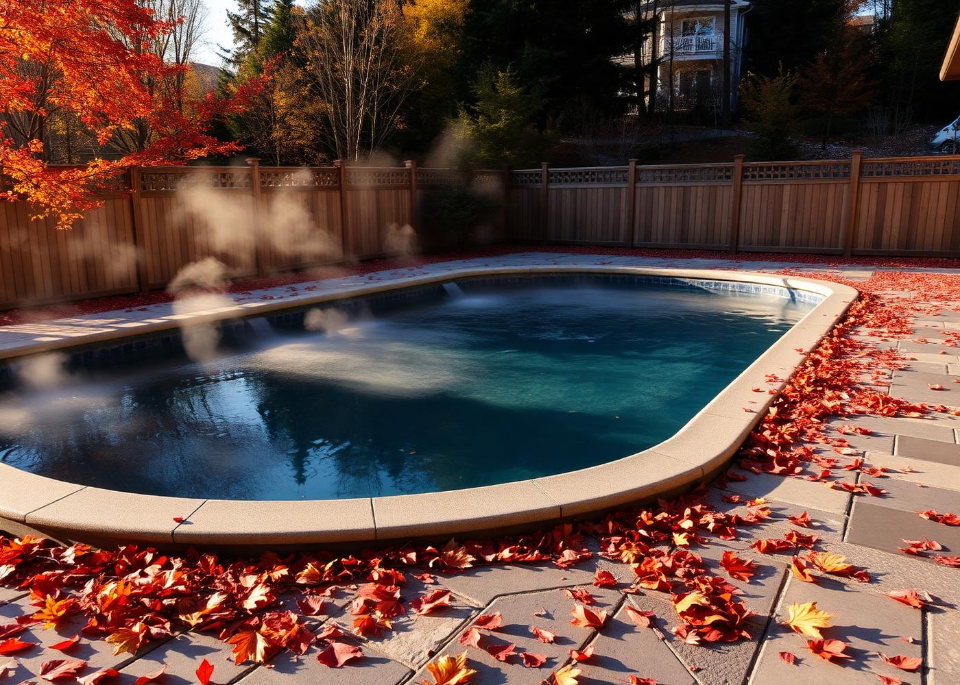 Piscine à l'automne, feuilles au sol